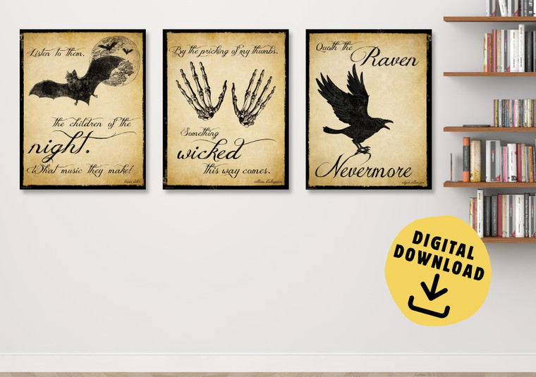 The Raven, Dracula and Macbeth Inspirational Literary Quote Set of Three DIGITAL DOWNLOAD