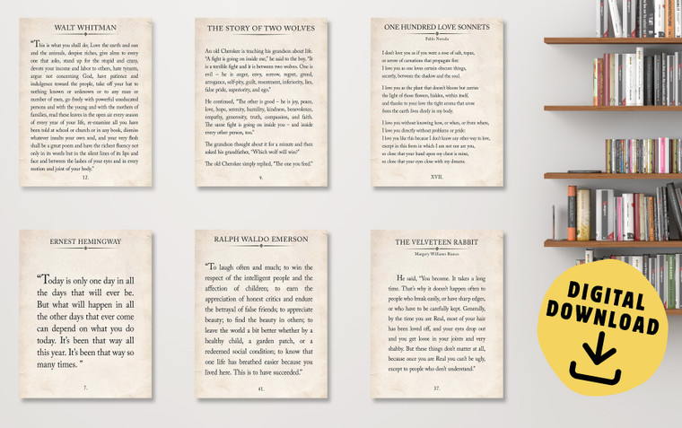 Vintage Book Page Literary Quote Set of Six DIGITAL DOWNLOAD