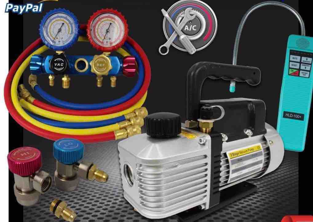 HVAC manifold gauge set vacuum pump refrigerant scale leak detector