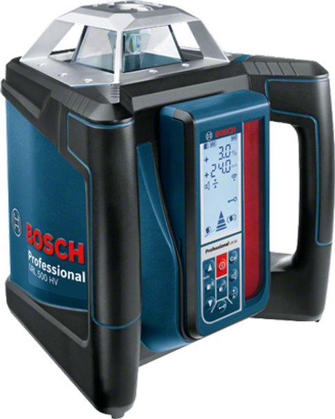 Buy  Bosch GRL 500 HV + LR 50 Professional Rotation laser online at GZ Industrial Supplies.

The most important data

Here you will find the most important technical data for your professional Bosch tool at a glance!
Laser diode 	635 nm, < 1 mW
Operating temperature 	-10 – 50 °C
Storage temperature 	-20 – 70 °C
Laser class 	2
Working range with laser receiver 	500 m (Diameter)
Working range without receiver 	20 m (Diameter)
Accuracy 	± 0.05 mm/m horizontal, ± 0.1 mm/m vertical
Self-levelling range 	± 5,7° (10%)
Levelling time 	15 s
Dust and splash protection 	IP 56
Rotation speed 	600 rpm
Beam diameter 	5 mm
Power supply 	4 x 7.4-V-Li-Ion
Operating time (max.) 	25 h
Tripod thread 	2 x 5/8"
Weight, approx. 	2,3 kg
Length 	234 mm
Width 	217 mm
Height 	194 mm
Colour of laser line 	red
Projection 	1 x 360° line
