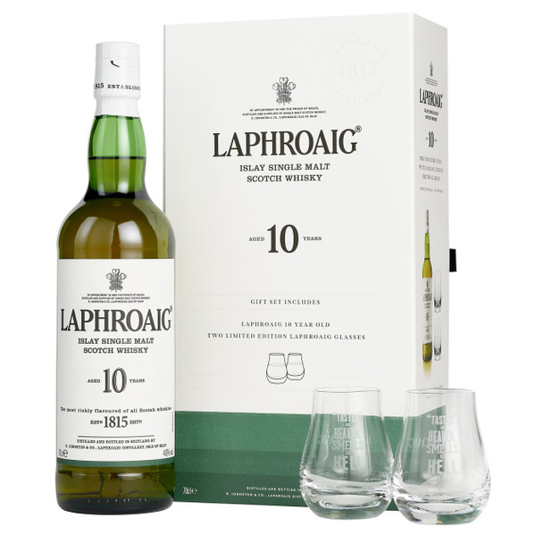 Laphroaig 10 Years Old Islay Single Malt Scotch Whisky 700mL Gift Pack with 2 Glasses