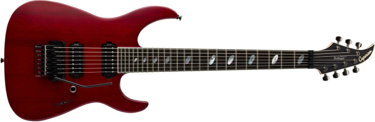 Caparison Guitars Dellinger 7 Prominence Trans. Spectrum Red 7 String, 7-string Solidbody Electric Guitar with Maple/Mahogany Body, Maple/Walnut Neck, Ebony Fingerboard, Floyd Rose Tremolo, and 2 Humbucking Pickups - Trans Spectrum Red.