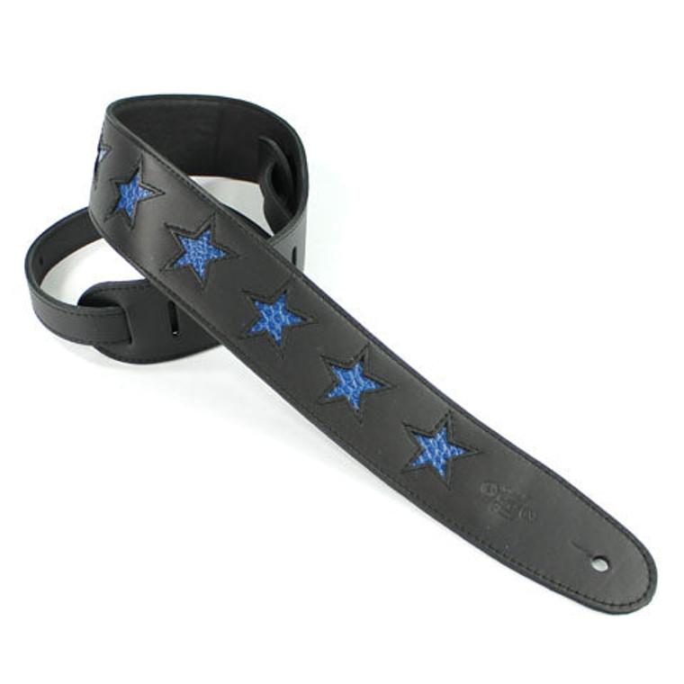 DSL Guitar Strap Leather 2.5" Black leather, blue stars STAR25