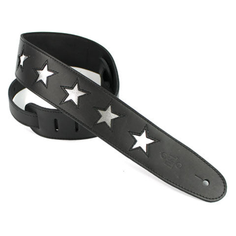 DSL Guitar Strap Leather 2.5" Black leather, silver stars STAR25