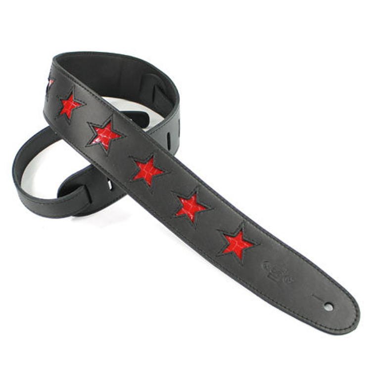 DSL Guitar Strap Leather 2.5" Black leather, red stars STAR25