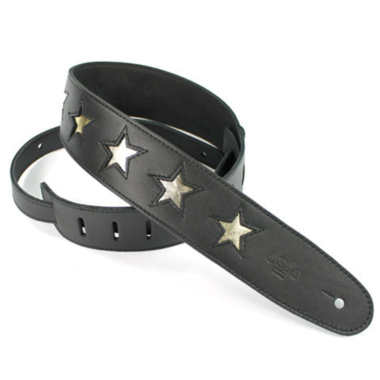 DSL Guitar Strap Leather 2.5" Black leather, gold stars STAR25