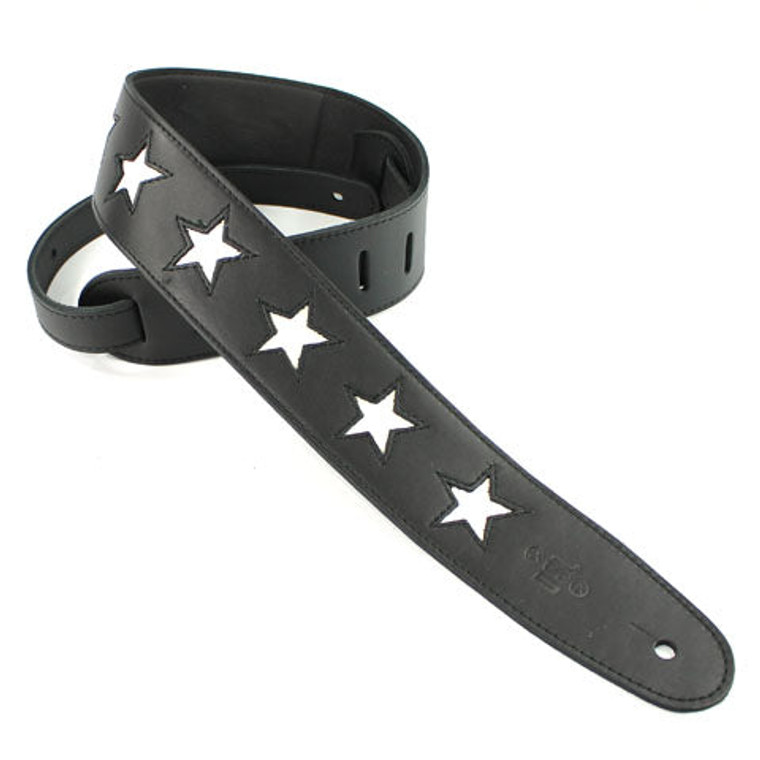 DSL Guitar Strap Leather 2.5" Black leather, white stars STAR25
