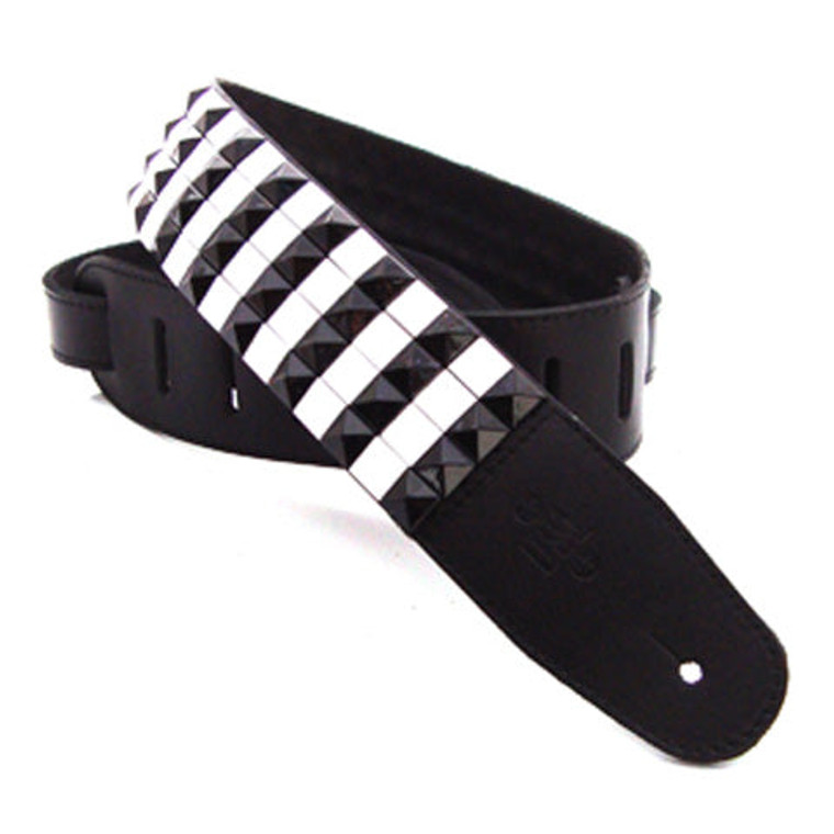 DSL Guitar Strap Leather 2.5" 33 Rows of 15mm Pyramids Black/White Cross