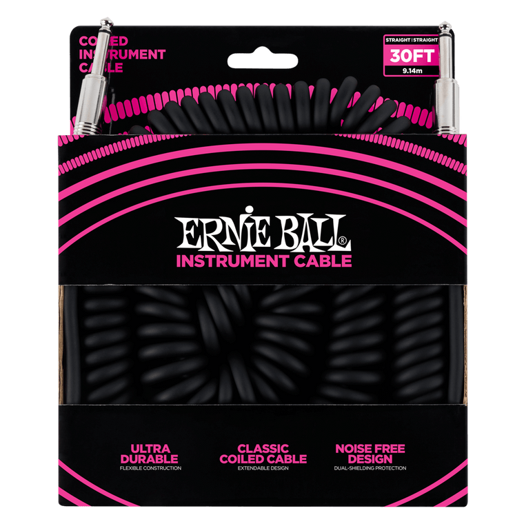 Ernie Ball Coiled Straight Instrument Cable, 9 Meters Length, Black - Industrie Music