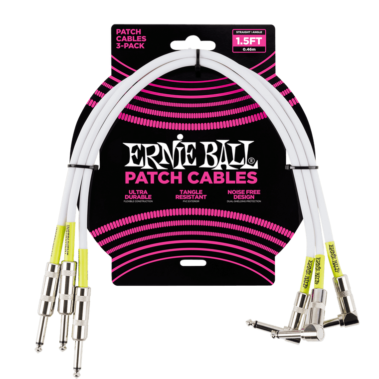 Ernie Ball Straight / Angle Patch Cable 3 Pack, White, 45 cm Length - Industrie Music