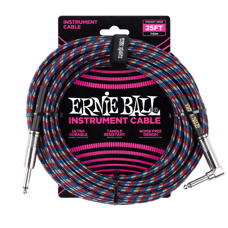 Ernie Ball 7.5 Meter Braided Straight / Angle Instrument Cable, Black / Red / Blue / White - Industrie Music