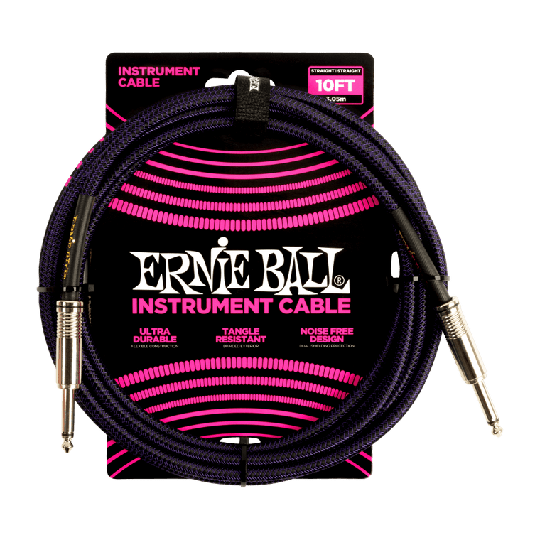 Ernie Ball 10ft Braided Straight Straight Inst Cable Purple Black - Industrie Music