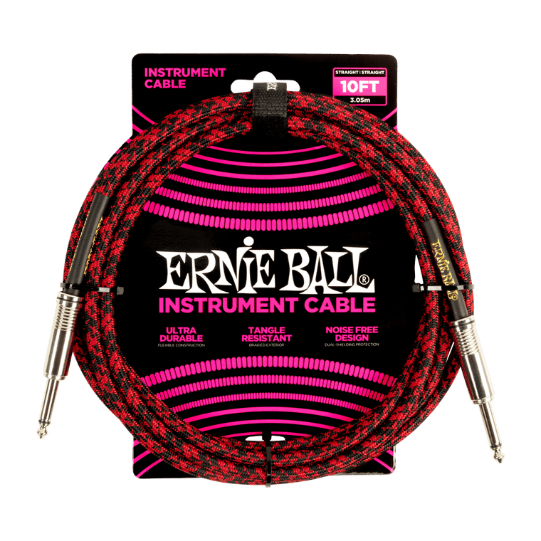 Ernie Ball 10ft Braided Straight Straight Inst Cable Red Black - Industrie Music