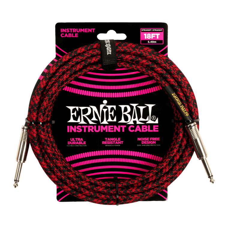 Ernie Ball 18ft Braided Straight Straight Inst Cable Red Black - Industrie Music