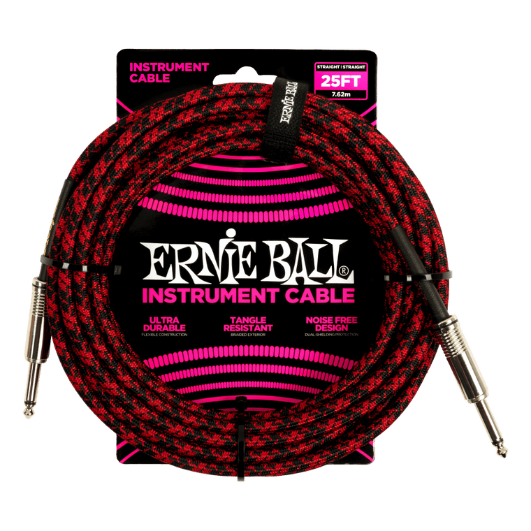 Ernie Ball 25ft Braided Straight Straight Inst Cable Red Black - Industrie Music