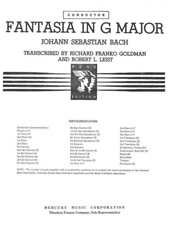 Bach Fantasia In G Cb Sc/Pts Arr Goldman/Leist