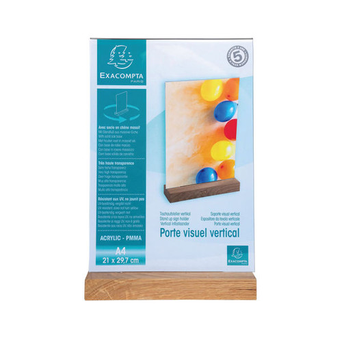 Exacompta Portrait Stand Up Sign Holder A4 with Wood Base 84258D