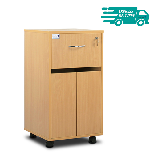 Bedside Cabinet - Single Upper Drawer, Personal Drawer & Lower Cupboard with Double Doors, Beech  485 x 485 x 905mm