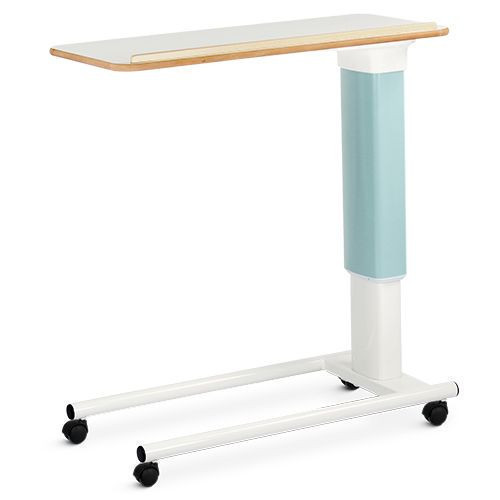 Overbed Table – Height Adjustable, Melamine, Grey White Flat Top with Signal Green Upper Extrusion