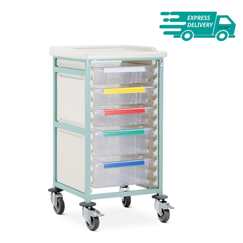 Caretray Trolley - Mild Steel, Standard Level, Single Column  3 x 100mm, 2 x 160mm Trays
