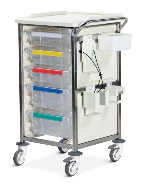 Caretray Trolley - Phlebotomy,  Mild Steel, 3 x 100mm, 2 x 150mm Trays, Electronic Push Button Lock