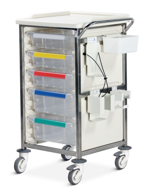 Caretray Trolley - Phlebotomy,  Stainless Steel, 3 x 100mm, 2 x 150mm Trays, Electronic Push Button Lock