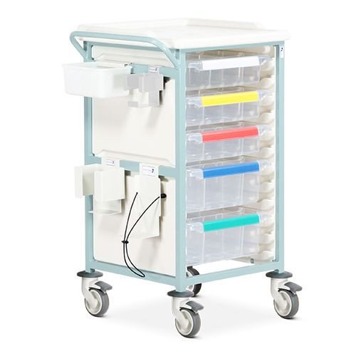 Caretray Trolley - Phlebotomy,  Stainless Steel, 4 x 100mm, 1 x 150mm Trays, Electronic Push Button Lock
