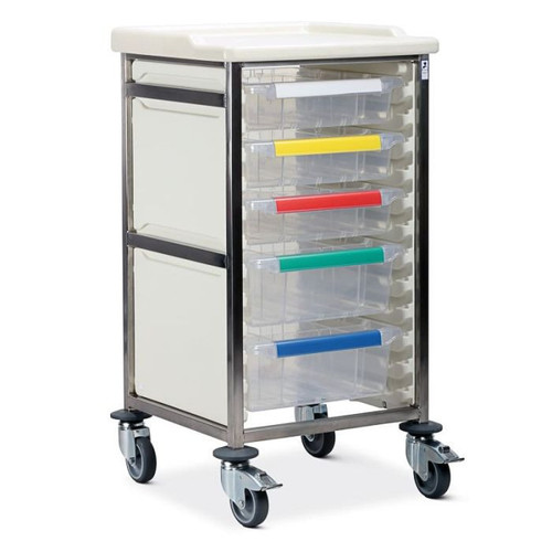 CARETRAY TROLLEY - STAINLESS STEEL - SINGLE COLUMN - 1400MM HIGH - 5 X 100MM & 3 X 150MM TRAYS