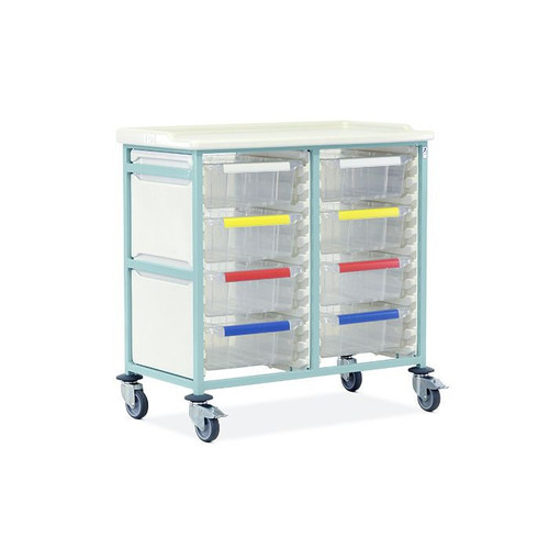 CARETRAY TROLLEY - MILD STEEL - DOUBLE COLUMN - 1400MM HIGH - 16 X 100MM & 2 X 150MM TRAYS