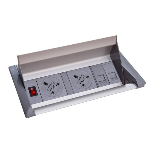 Aero flip top in-table power module 2 x UK sockets , 2 x RJ45 sockets - grey/silver