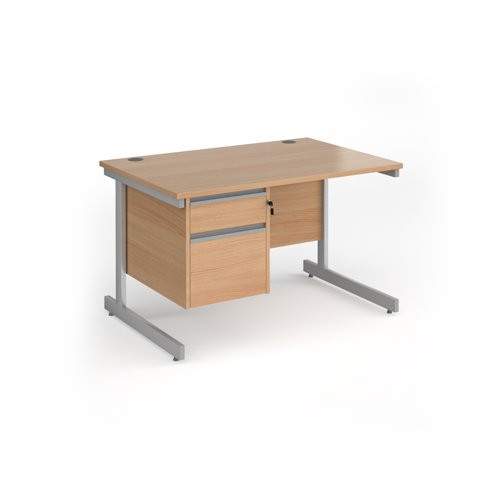Contract 25 straight desk with 2 drawer pedestal and silver cantilever leg 1200mm x 800mm - beech top