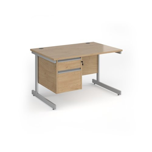 Contract 25 straight desk with 2 drawer pedestal and silver cantilever leg 1200mm x 800mm - kendal oak top