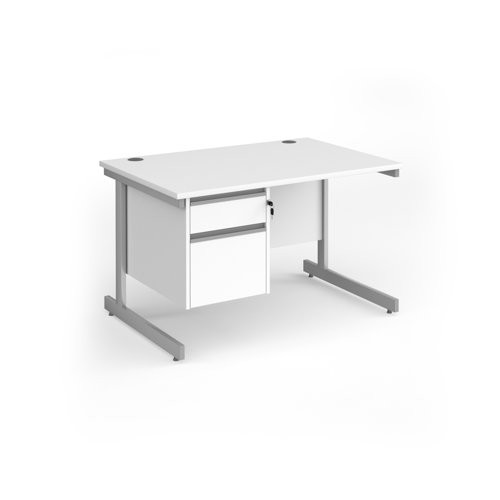 Contract 25 straight desk with 2 drawer pedestal and silver cantilever leg 1200mm x 800mm - white top