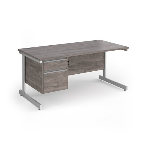 Contract 25 straight desk with 2 drawer pedestal and white cantilever leg 1600mm x 800mm - grey oak top