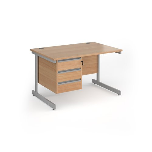 Contract 25 straight desk with 3 drawer pedestal and silver cantilever leg 1200mm x 800mm - beech top