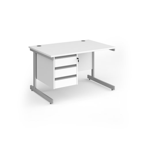 Contract 25 straight desk with 3 drawer pedestal and silver cantilever leg 1200mm x 800mm - Whitetop