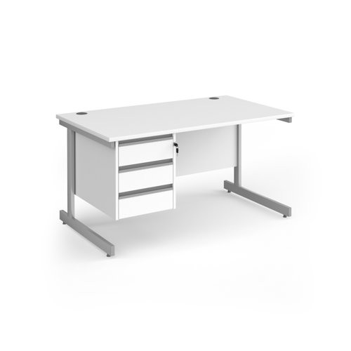 Contract 25 straight desk with 3 drawer pedestal and silver cantilever leg 1400mm x 800mm - white top