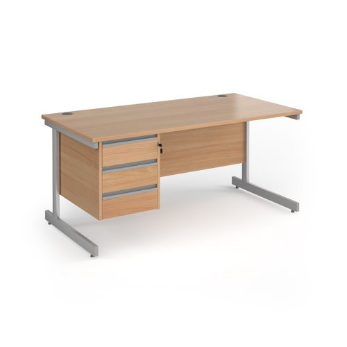 Contract 25 straight desk with 3 drawer pedestal and silver cantilever leg 1600mm x 800mm - beech top