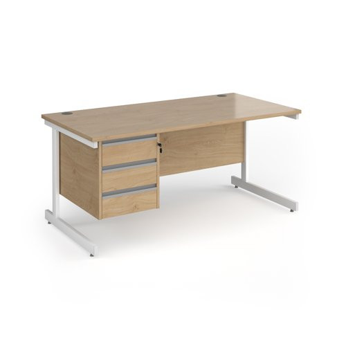 Contract 25 straight desk with 3 drawer pedestal and white cantilever leg 1600mm x 800mm - kendal oak top