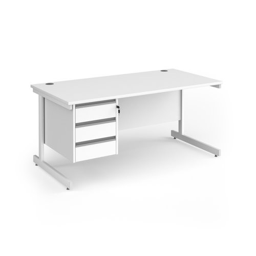 Contract 25 straight desk with 3 drawer pedestal and white cantilever leg 1600mm x 800mm - white top