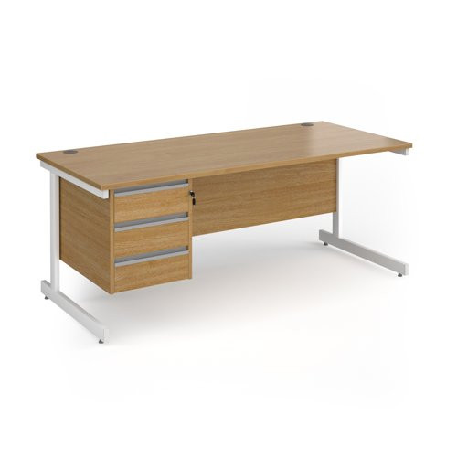 Contract 25 straight desk with 3 drawer pedestal and white cantilever leg 1800mm x 800mm - oak top