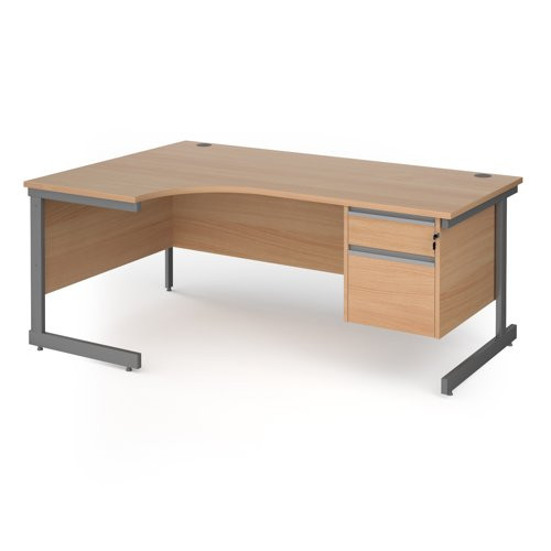 Contract 25 left hand ergonomic desk with 2 drawer pedestal and graphite cantilever leg 1800mm - beech top