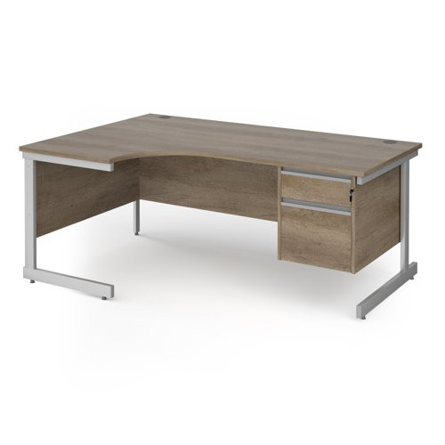 Contract 25 left hand ergonomic desk with 2 drawer pedestal and silver cantilever leg 1800mm - nebraska oak top