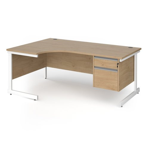 Contract 25 left hand ergonomic desk with 2 drawer pedestal and white cantilever leg 1800mm - kendal oak top