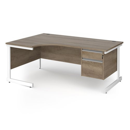 Contract 25 left hand ergonomic desk with 2 drawer pedestal and white cantilever leg 1800mm - nebraska oak top