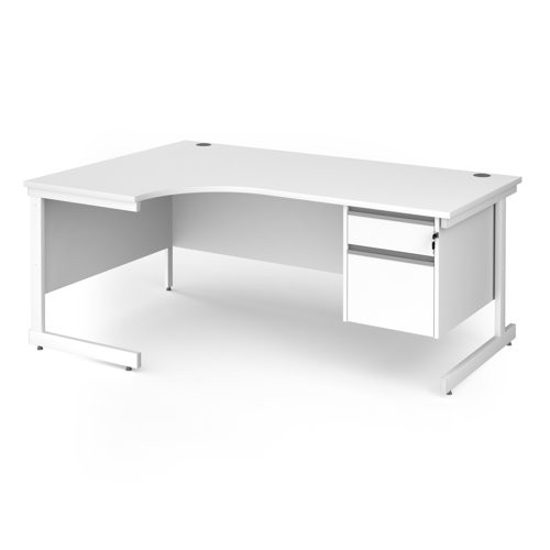 Contract 25 left hand ergonomic desk with 2 drawer pedestal and white cantilever leg 1800mm - white top