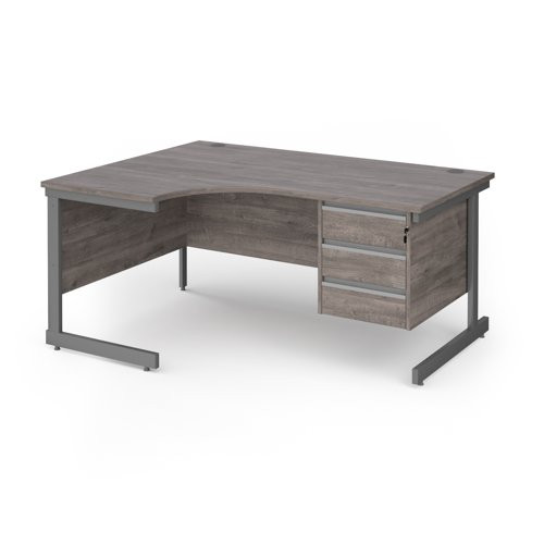 Contract 25 left hand ergonomic desk with 3 drawer pedestal and graphite cantilever leg 1600mm - grey oak top