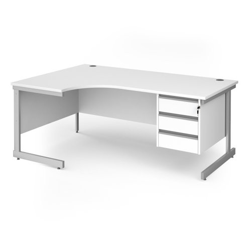 Contract 25 left hand ergonomic desk with 3 drawer pedestal and silver cantilever leg 1800mm - white top