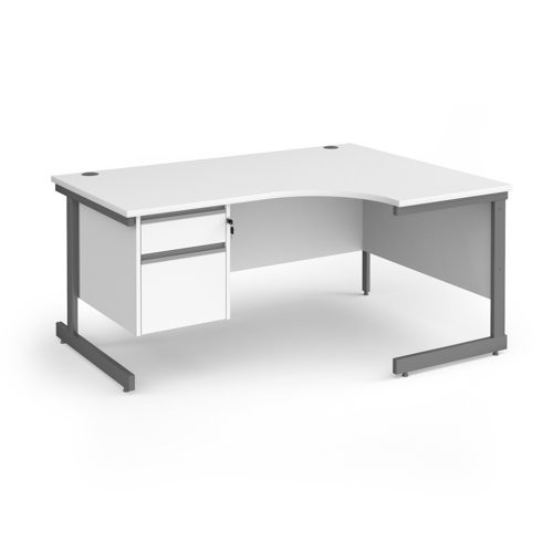 Contract 25 right hand ergonomic desk with 2 drawer pedestal and graphite cantilever leg 1600mm - white top