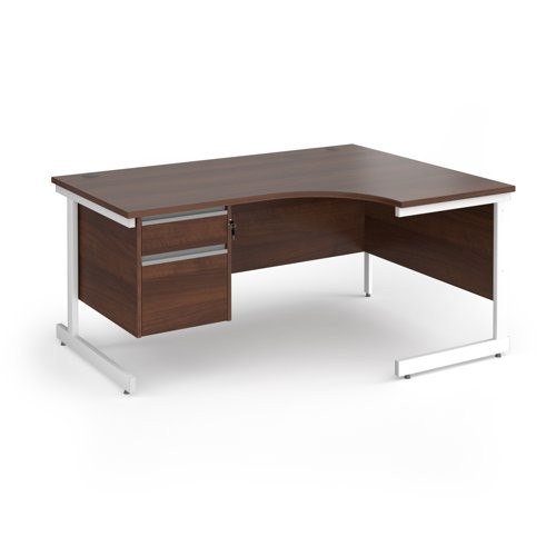 Contract 25 right hand ergonomic desk with 2 drawer pedestal and white cantilever leg 1600mm - walnut top